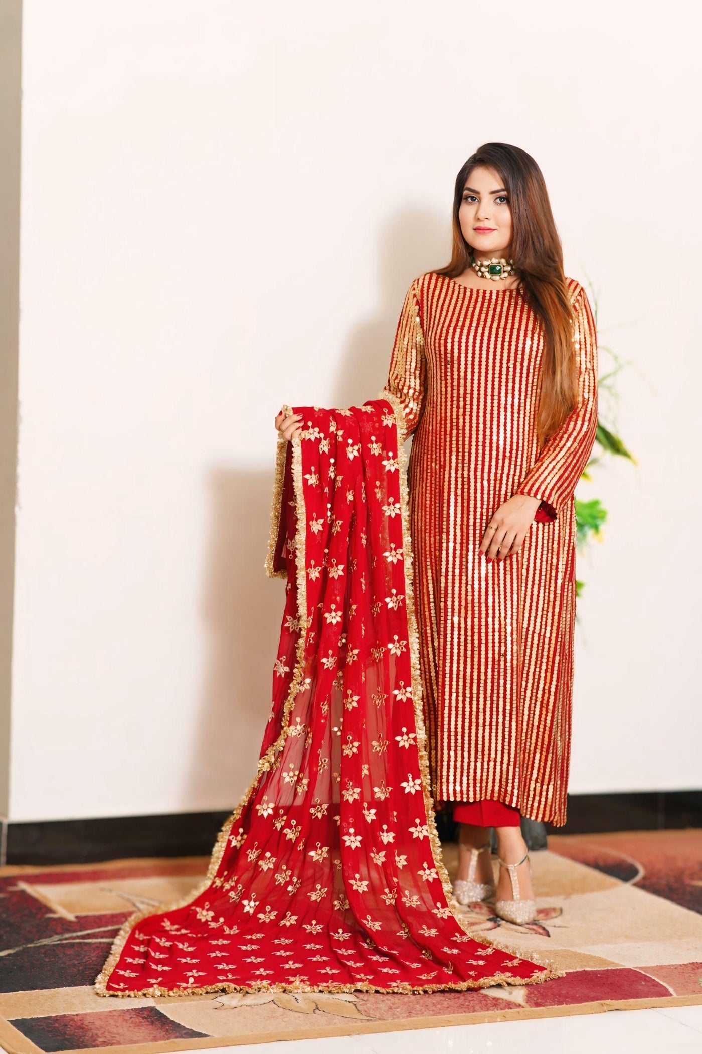 PK Bamber Shafon with Raw silk Shalwar 3 piece ( 9m sequence gold color, all color choice available )