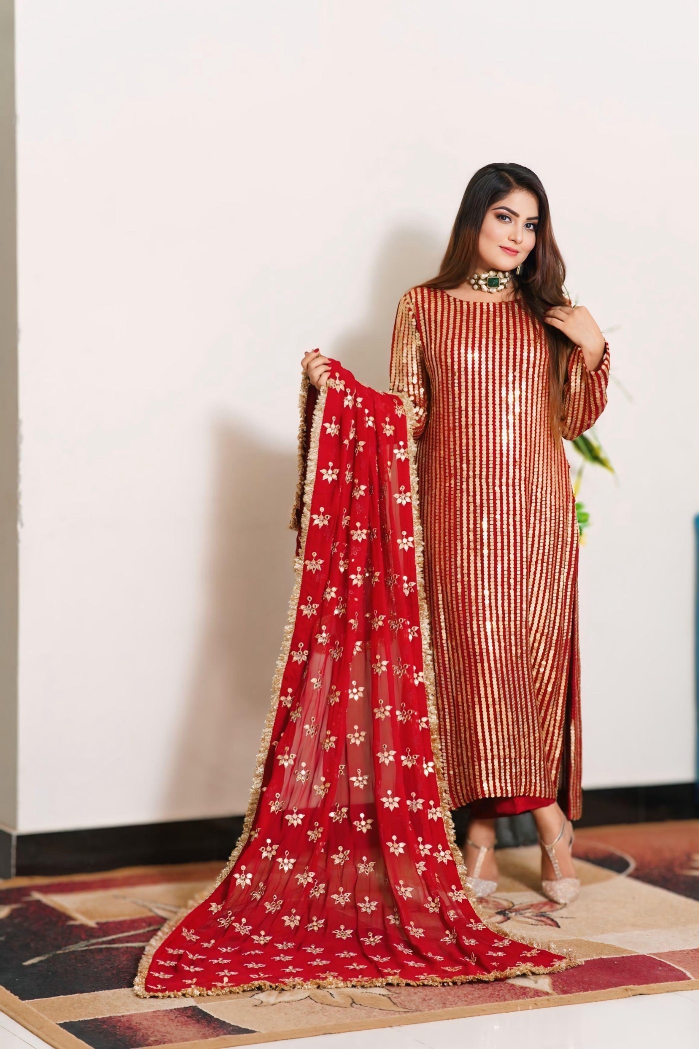 PK Bamber Shafon with Raw silk Shalwar 3 piece ( 9m sequence gold color, all color choice available )