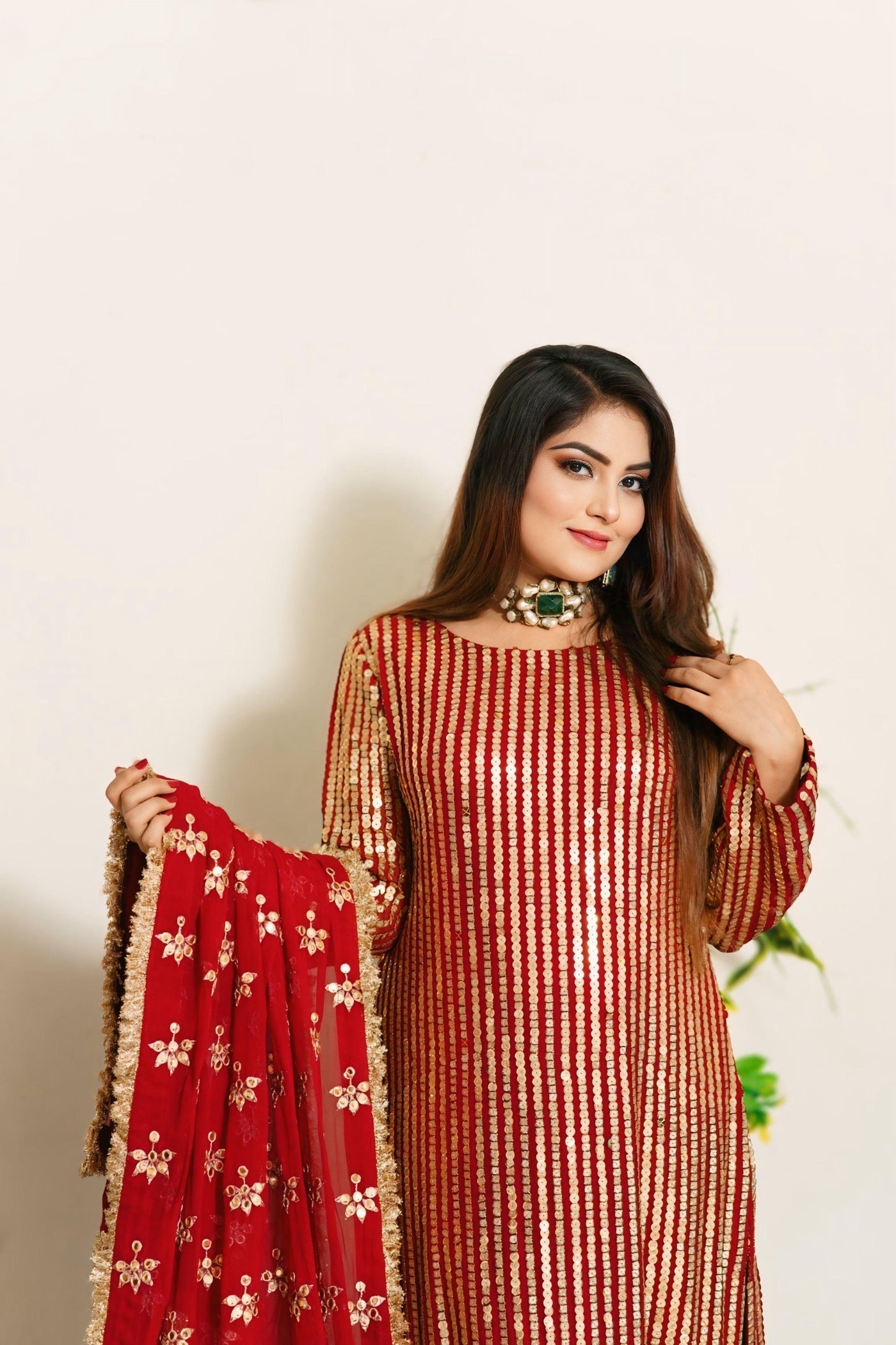 PK Bamber Shafon with Raw silk Shalwar 3 piece ( 9m sequence gold color, all color choice available )