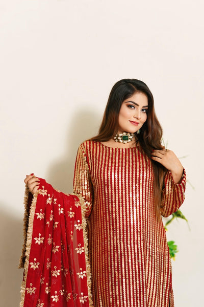 PK Bamber Shafon with Raw silk Shalwar 3 piece ( 9m sequence gold color, all color choice available )