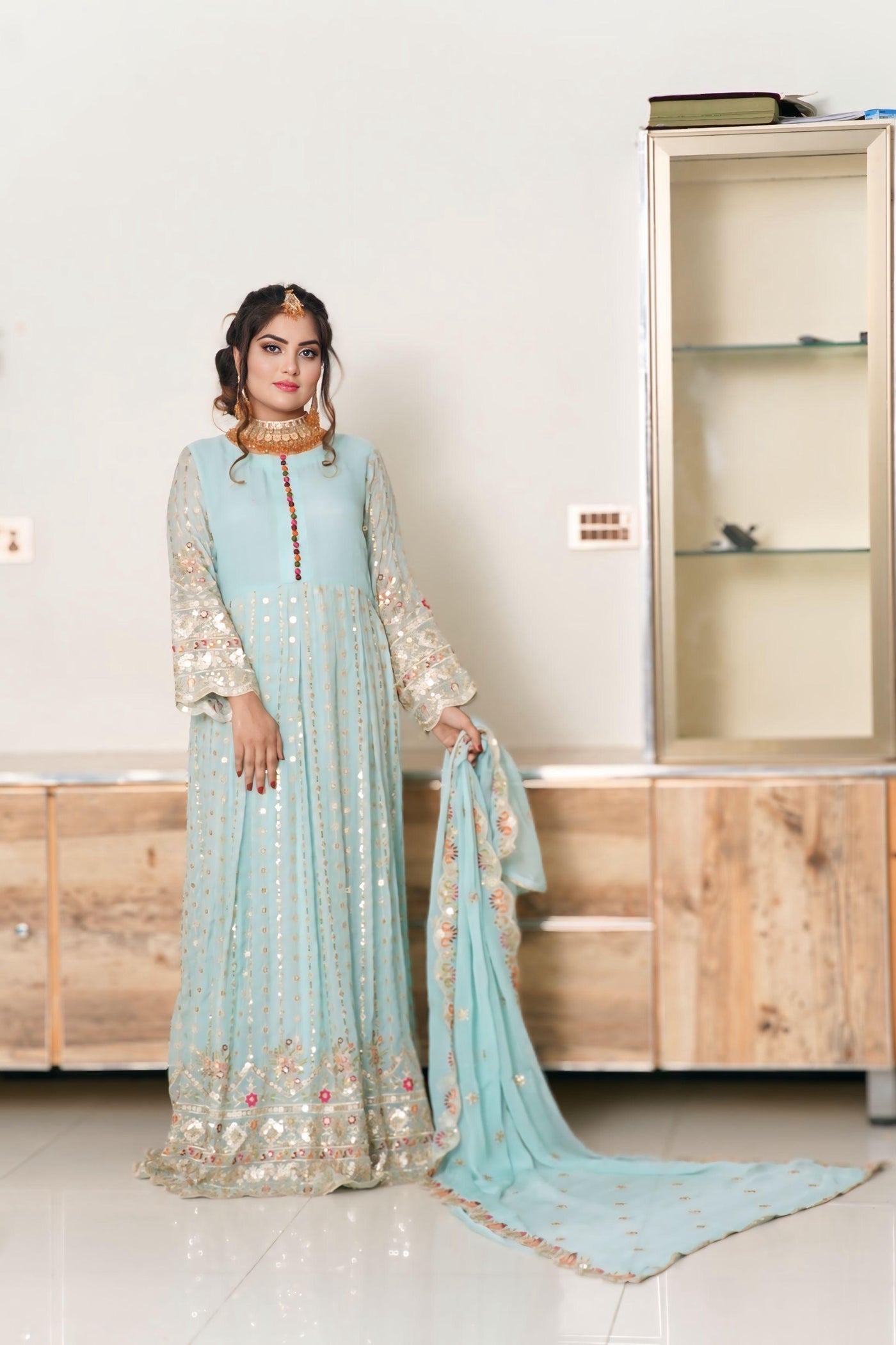Light Green Embroided Frock 3 piece ( Resham + Sequence work + Zaree work )