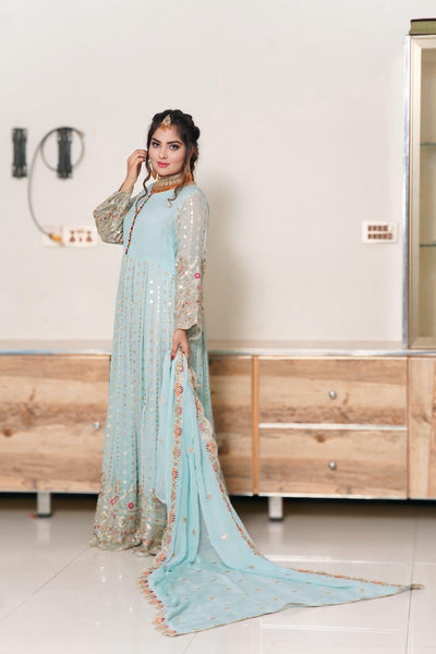 Light Green Embroided Frock 3 piece ( Resham + Sequence work + Zaree work )