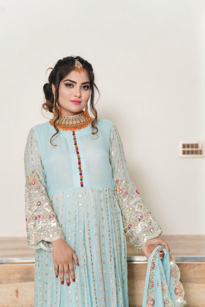 Light Green Embroided Frock 3 piece ( Resham + Sequence work + Zaree work )