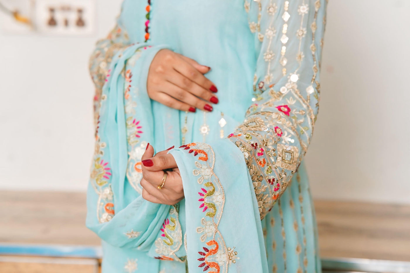 Light Green Embroided Frock 3 piece ( Resham + Sequence work + Zaree work )