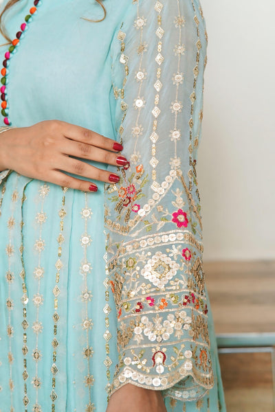 Light Green Embroided Frock 3 piece ( Resham + Sequence work + Zaree work )