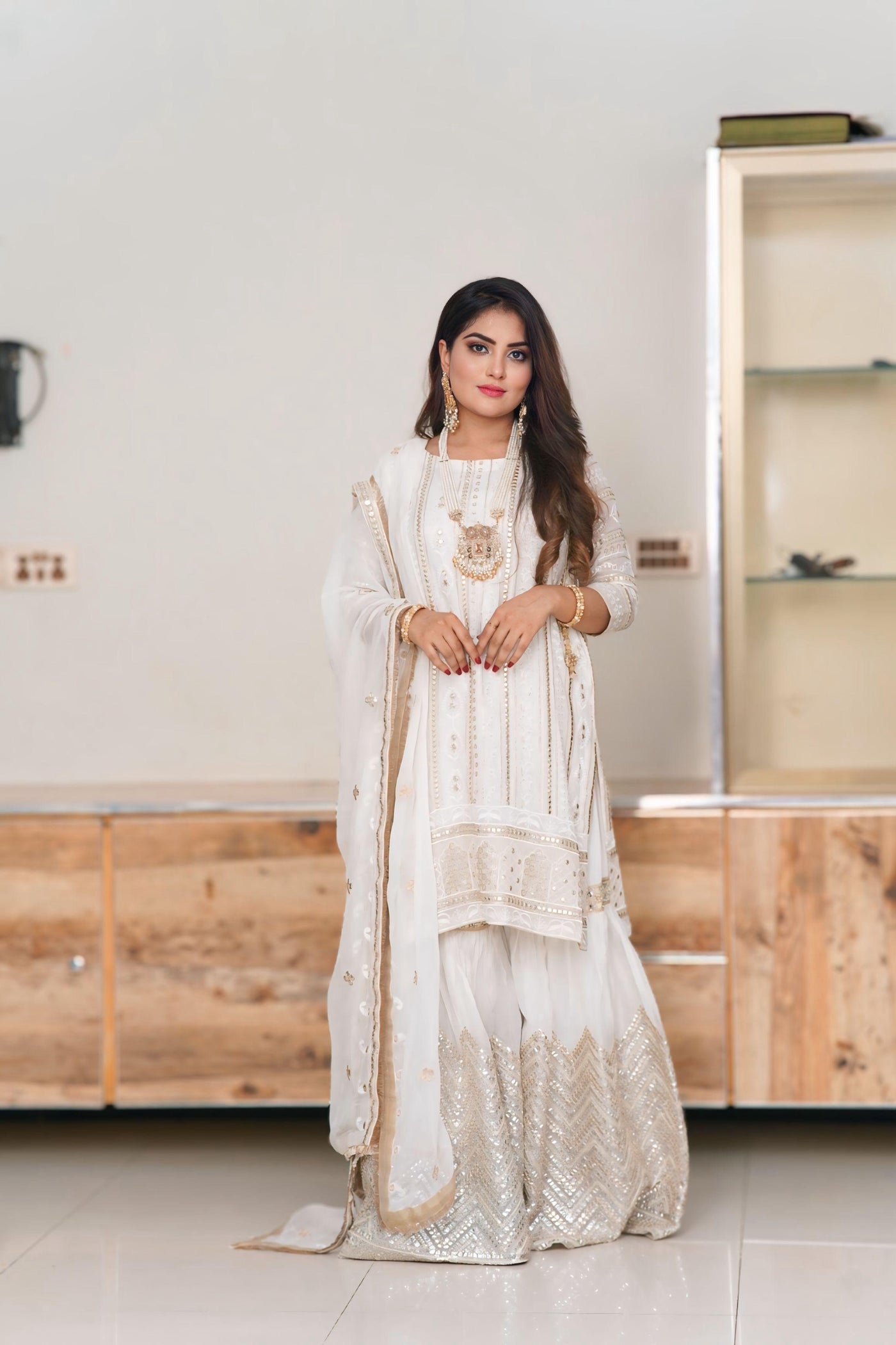 Elegant White Bamber Shafon suit 3 piece ( File work )