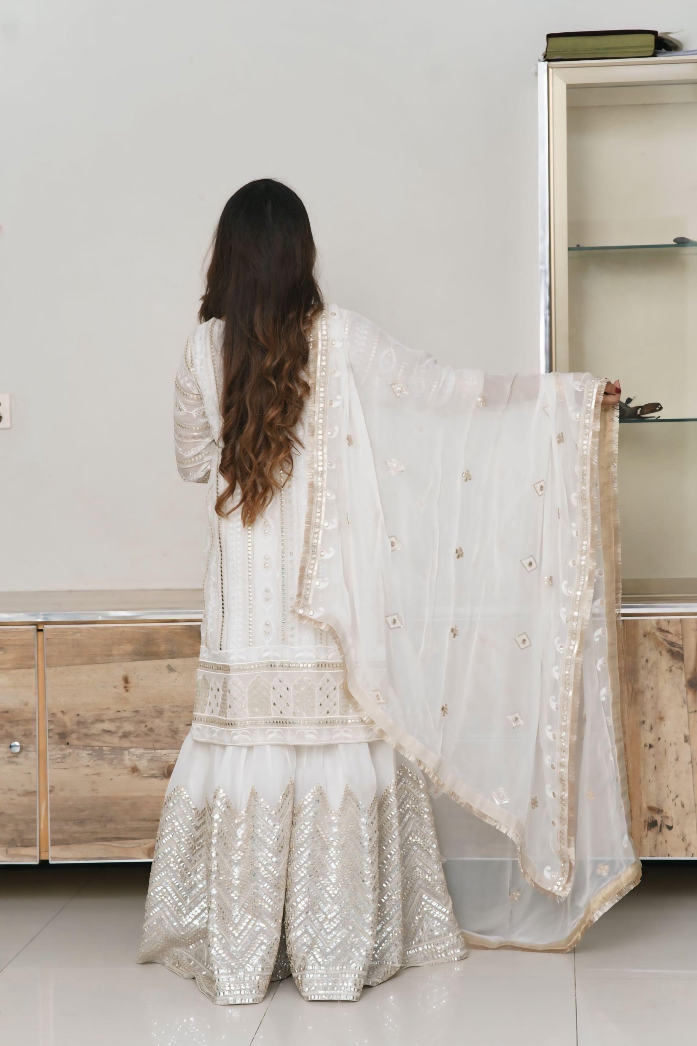 Elegant White Bamber Shafon suit 3 piece ( File work )