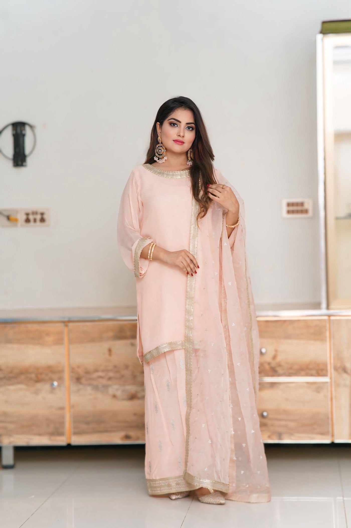 Elegant Peach Salwar Kameez ( Raw Silk Sharara + Organza Duppata + Shafon Shirt )