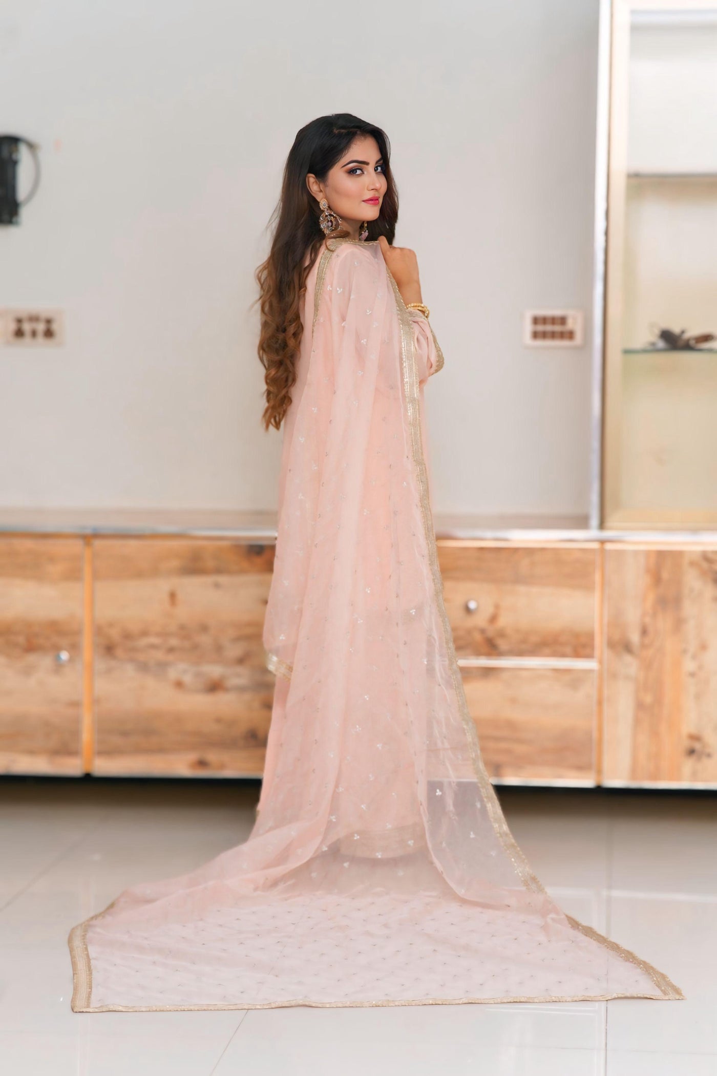 Elegant Peach Salwar Kameez ( Raw Silk Sharara + Organza Duppata + Shafon Shirt )