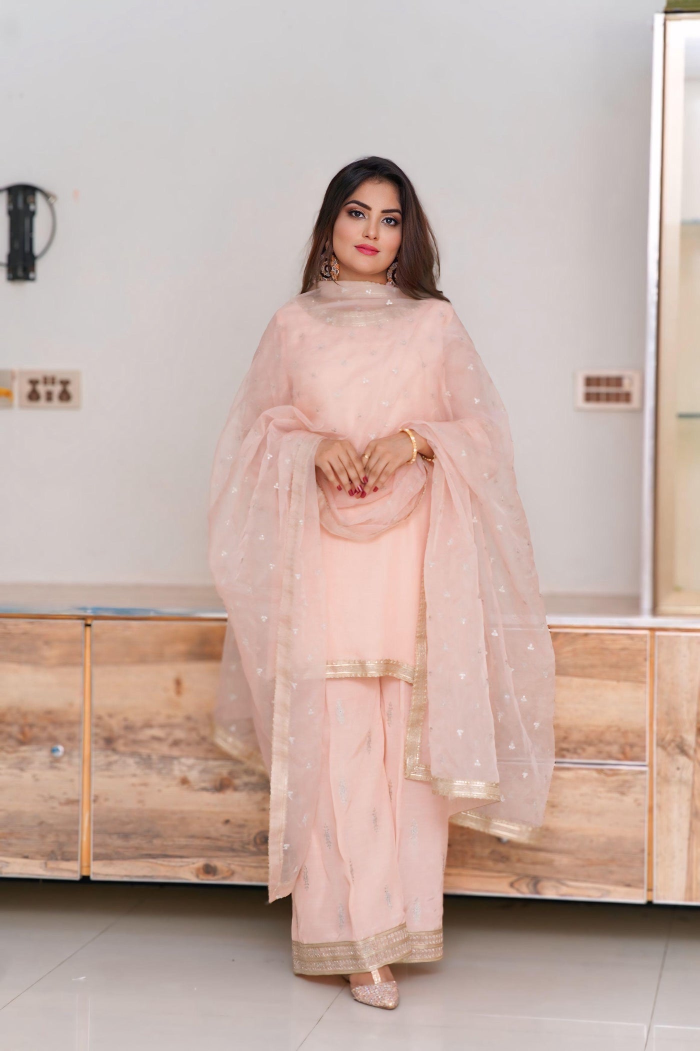 Elegant Peach Salwar Kameez ( Raw Silk Sharara + Organza Duppata + Shafon Shirt )