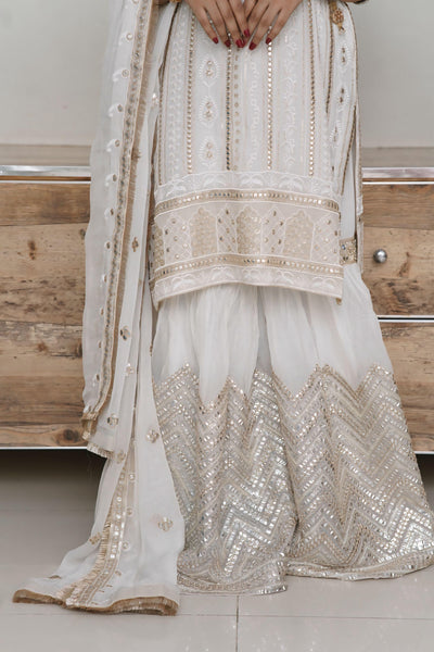 Elegant White Bamber Shafon suit 3 piece ( File work )