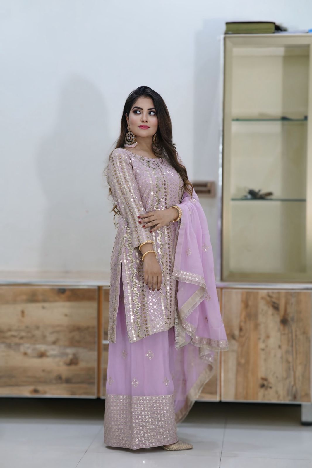 Light Purple Salwar Kameez 3 Piece ( Shafon fabric + Sequence and zaree work )
