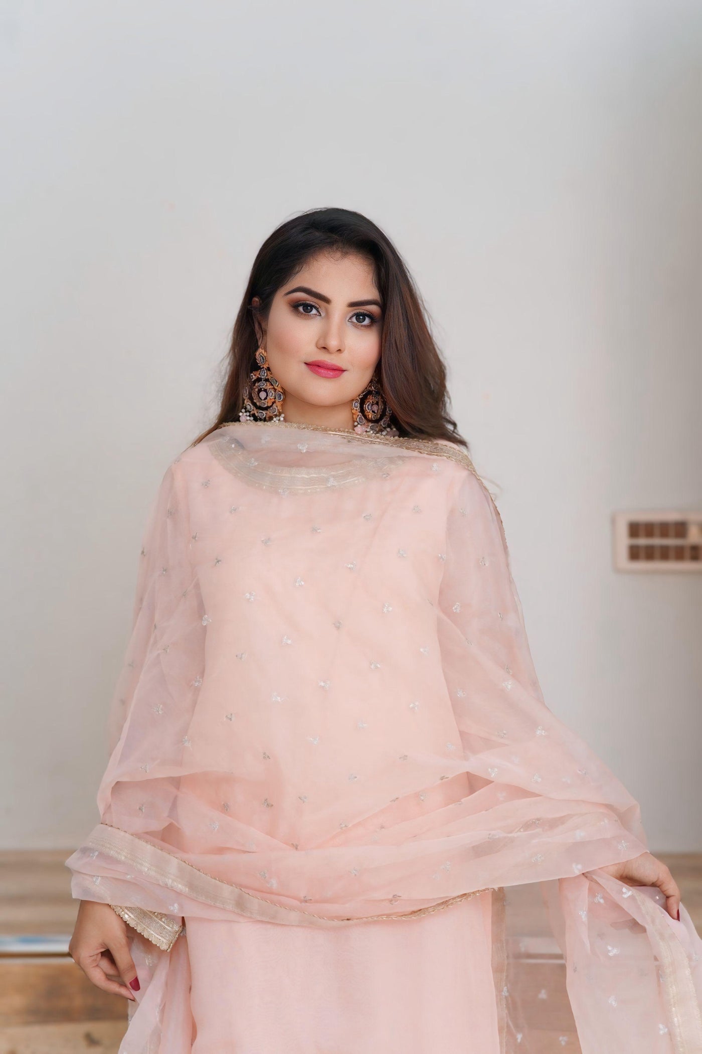 Elegant Peach Salwar Kameez ( Raw Silk Sharara + Organza Duppata + Shafon Shirt )