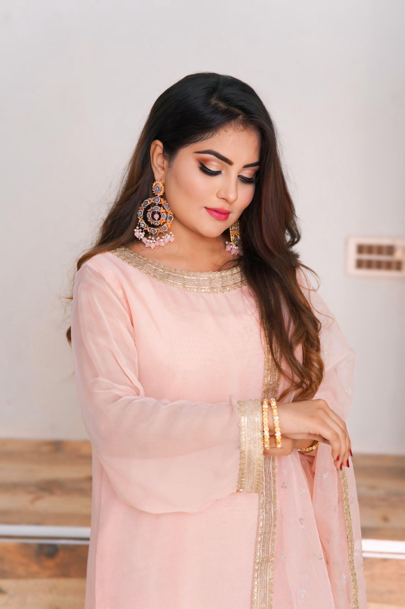 Elegant Peach Salwar Kameez ( Raw Silk Sharara + Organza Duppata + Shafon Shirt )