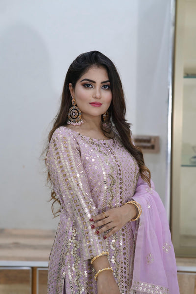 Light Purple Salwar Kameez 3 Piece ( Shafon fabric + Sequence and zaree work )