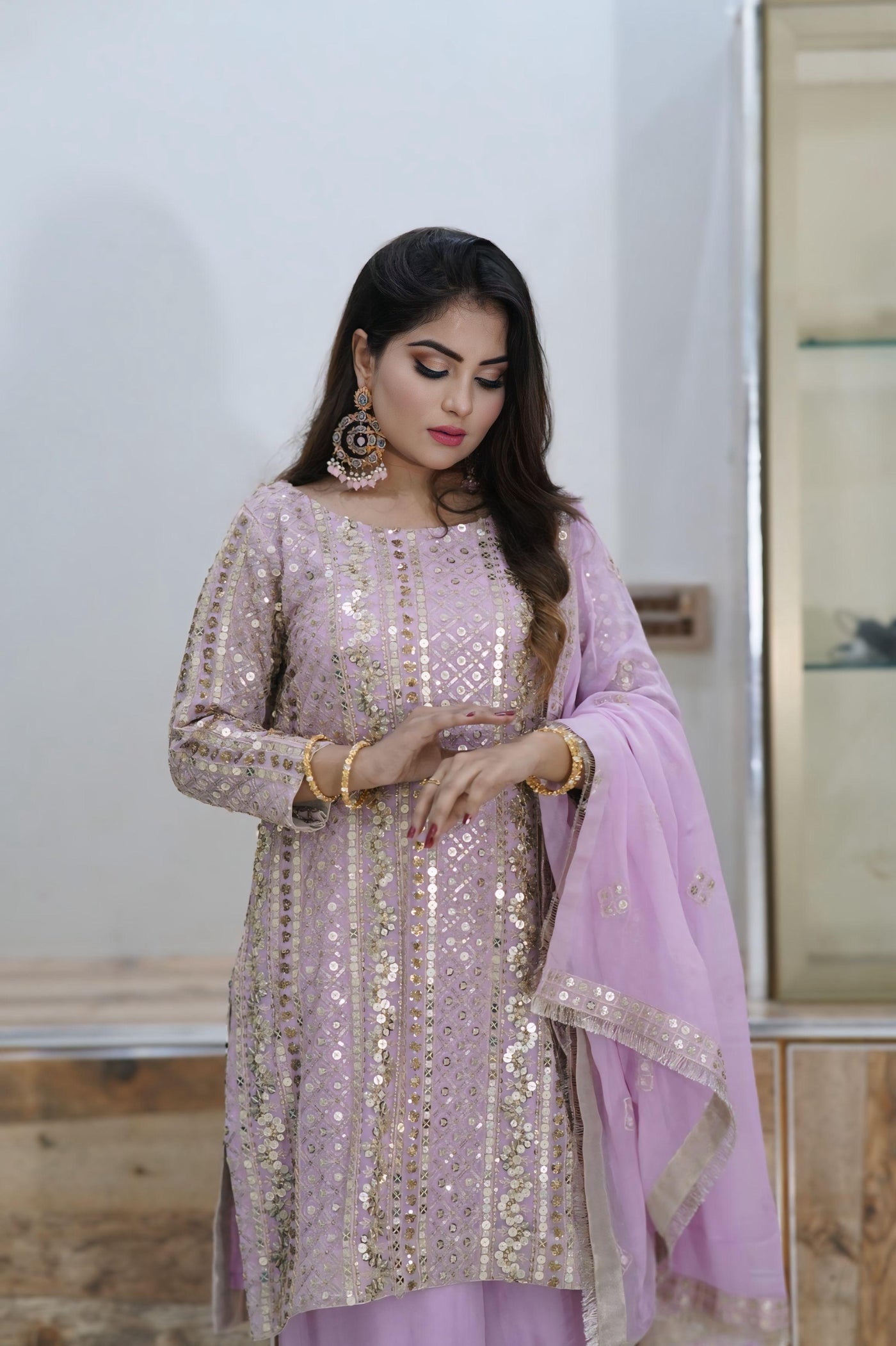 Light Purple Salwar Kameez 3 Piece ( Shafon fabric + Sequence and zaree work )