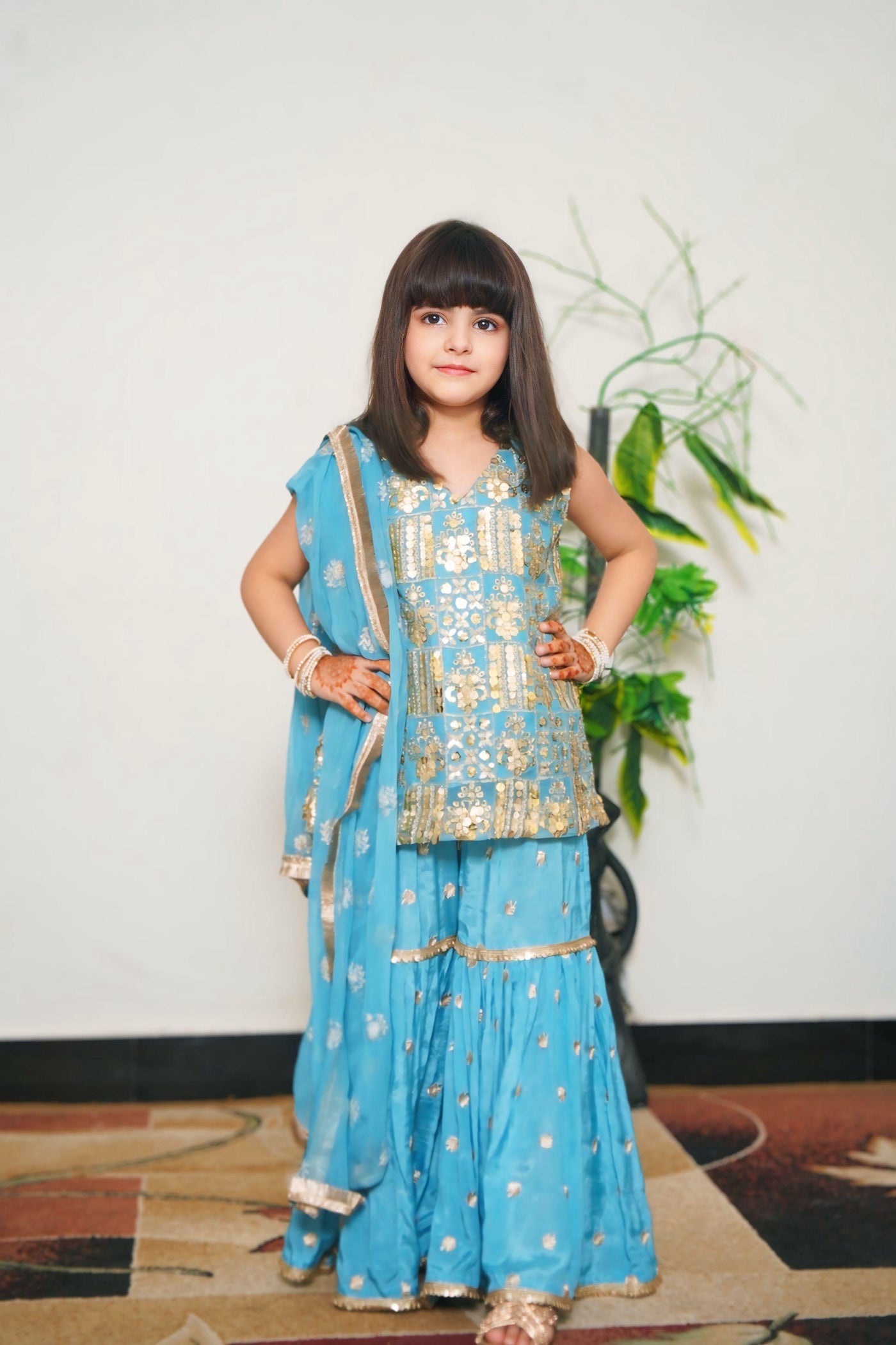 Light Blue Dress for princess 3 piece ( Sharara Raw silk, Dupatta and shirt on Shafon )
