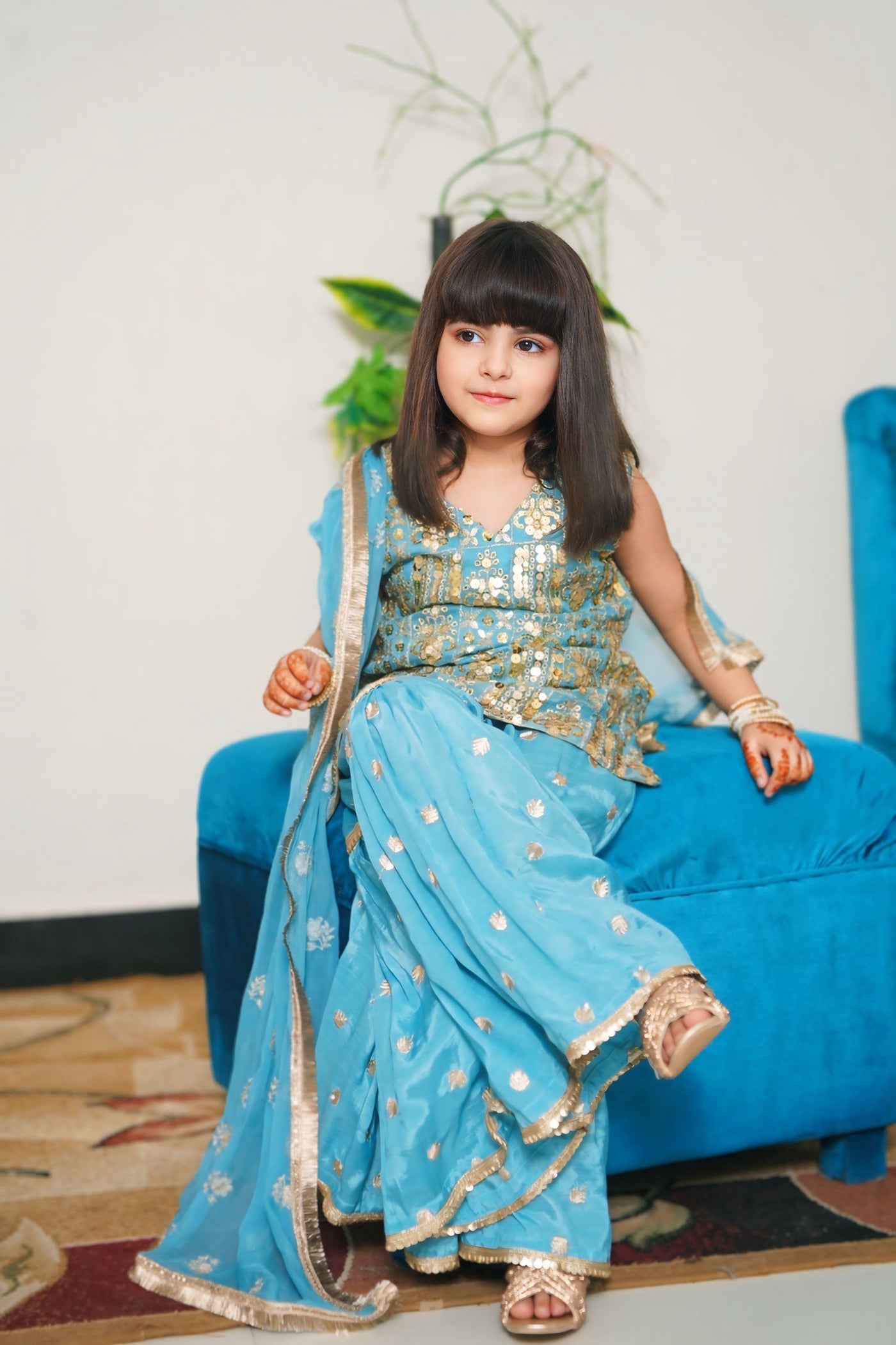 Light Blue Dress for princess 3 piece ( Sharara Raw silk, Dupatta and shirt on Shafon )