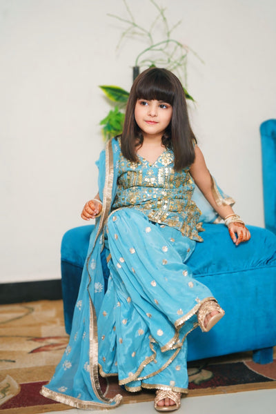 Light Blue Dress for princess 3 piece ( Sharara Raw silk, Dupatta and shirt on Shafon )