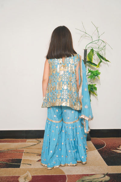 Light Blue Dress for princess 3 piece ( Sharara Raw silk, Dupatta and shirt on Shafon )